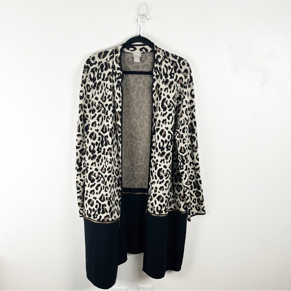 CHICO’S Leopard Print Long Sleeves Convertible Hem Open Front Cardigan XXL Cozy